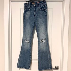 Pilcro The Icon Flare Jeans Women’s 27 Blue Denim High Rise Distressed Knee